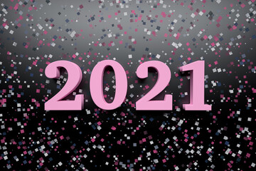 New year celebration greeting card with bold pink 2021 year numbers on dark background  with random glitter confetti. 