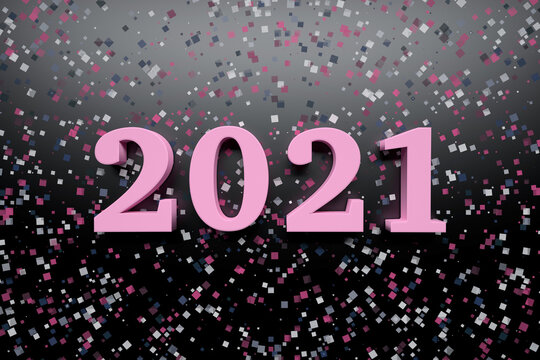 New Year Celebration Greeting Card With Bold Pink 2021 Year Numbers On Dark Background  With Random Glitter Confetti. 