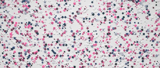 Pattern with random colored pink blue confetti pieces on white background. 