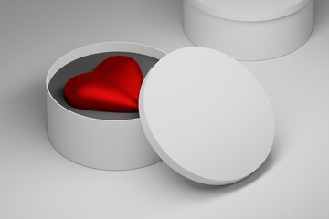 Big red heart in white round box with blank space. Template with packaging boxes.