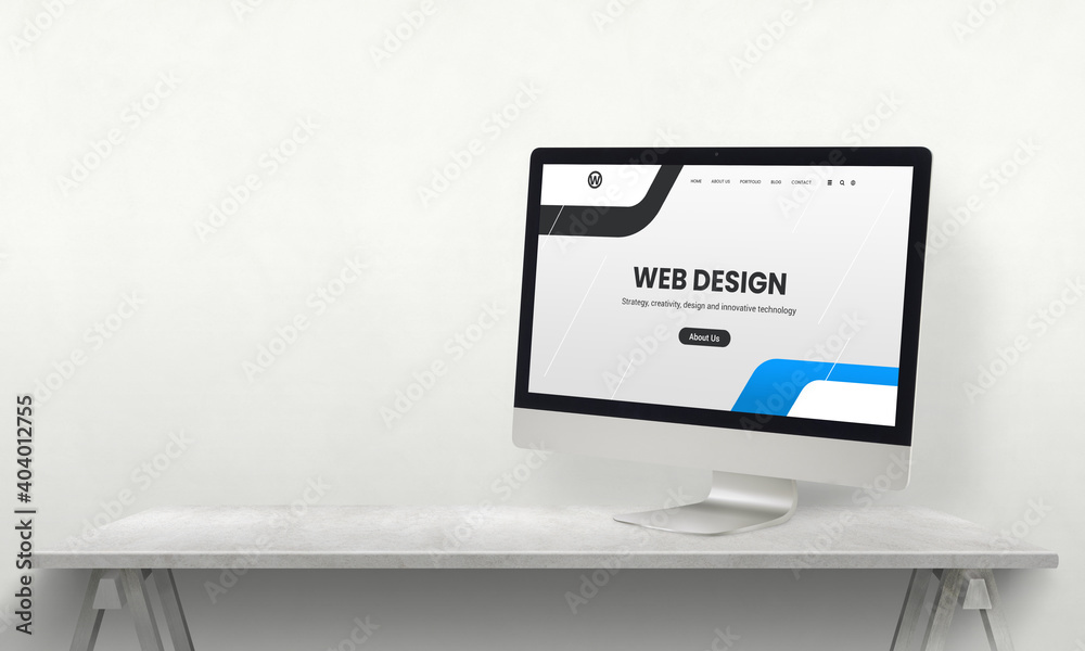 Poster Web design studio desk with computer display and promo web page on it. Development team promotion concept
