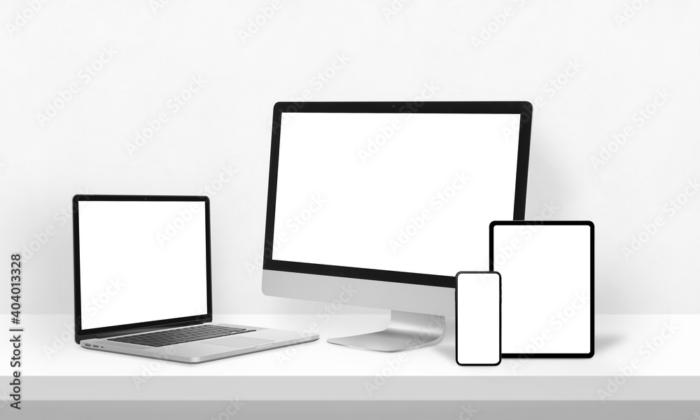 Poster Display mockups for responsive web page design promotion. Laptop, computer display, phone and tablet on desk