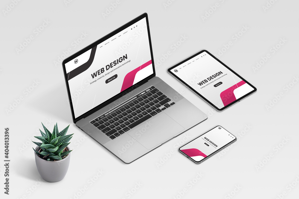 Poster web design studio promo page on laptop, tablet and phone display concept. isometric view of desk wit