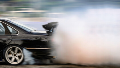 Motion blurred of image car drifting with lots of smoke from burning tires on speed track. - 404013545