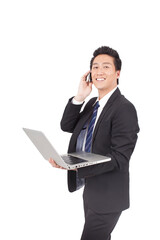 Business man Holding Laptop Computer And Phono 