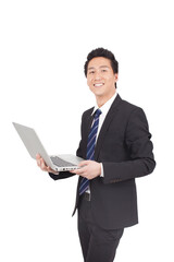 Asian young Business man Holding Laptop Computer 