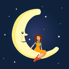 Illustration of a young girl smiling and sitting on the moon against the background of the starry sky. The style is flat. Can be used in book illustrations, banners, flyers, printing, web design.