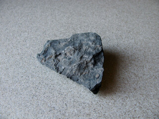 Fototapeta na wymiar Gray phosphorite stone on a beige table. A mineral resource. Geology.