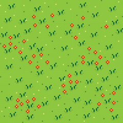 Grass pixel art background. Grass texture. Pixel art vector. Flower garden.