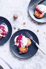 Cottage cheese pancakes with poached rhubarb