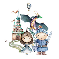 The little knight and cute princess around castle, flying green dragon. Kid set Adventure Hand drawn watercolor isolated nursery kid cartoon illustration on white background