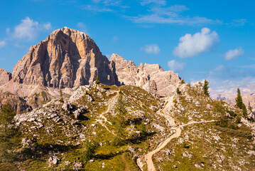 Panoramic view to Dolomite mountains in Italy, beautiful mountain landcape