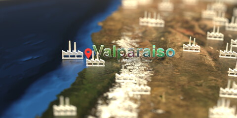 Factory icons near Valparaiso city on the map, industrial production related 3D rendering