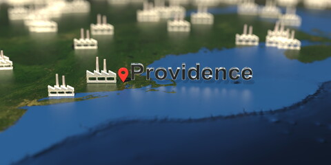 Providence city and factory icons on the map, industrial production related 3D rendering