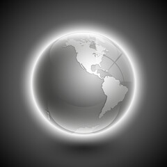 Globe icon with smooth shadows and white map of the continents of the world