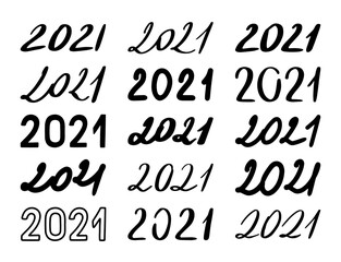 Set of Handwritten number lettering of 2021. Happy New Year. Calligraphy. Vector illustration. Black on white background