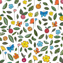 summer botanical seamless pattern. Flowers, leaves stylized apples and butterflies. Theme of ecology, environment, nature conservation. For paper, covers, fabrics