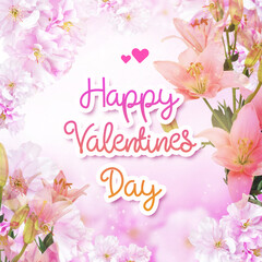 Happy Valentinas Day greeting card or banner. Decorative hearts with lillies und cherry flowers and petals background
