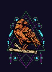 Raven bird crow illustration artwork with sacred geometry ornament