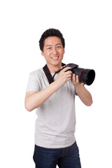 A portrait of a young man with a camera