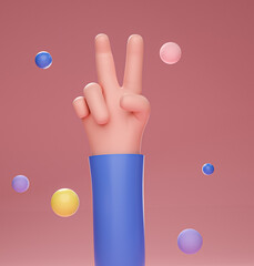 3d render, cartoon character hand, two finges hand gesture, pink background 