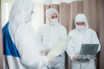 Medical professionals doctor wear surgical masks to prevent the spread of the virus and working in hospital, coronavirus COVID-19 flu protection concept