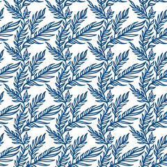 Abstract floral ornament. Hand drawn seamless pattern. Blue leaves on white background. Wallpaper, wrapping, textile design