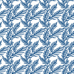 Abstract floral ornament. Hand drawn seamless pattern. Blue leaves on white background. Wallpaper, wrapping, textile design