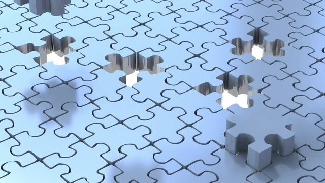 3d rendering pieces of jigsaw falling on board 4k footage