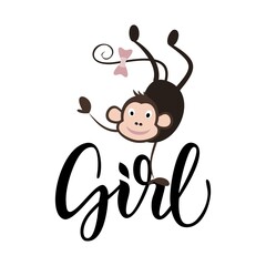 Vector illustration with a monkey. Cheerful monkey. Poster in the nursery. Hand lettering 