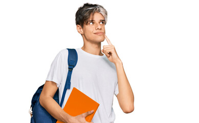 Young hispanic man wearing student backpack and holding books serious face thinking about question with hand on chin, thoughtful about confusing idea