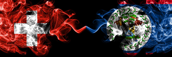 Switzerland, Swiss vs Belize, Belizean smoky mystic flags placed side by side. Thick colored silky abstract smoke flags.
