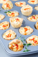 Mini quiche muffins with feta cheese, fried onion, thyme and red bell pepper, in baking form,  vertical