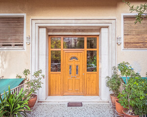 contemporary classic design apartment building front entrance wooden door and potted plants