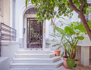 Fototapeta na wymiar classic design residential building main entrance with marble stairs, arched doors and potted plants