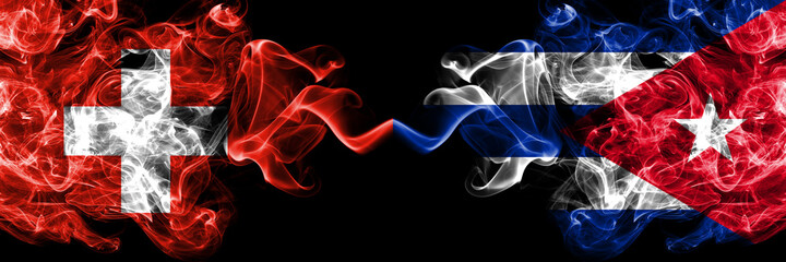 Switzerland, Swiss vs Cuba, Cuban smoky mystic flags placed side by side. Thick colored silky abstract smoke flags.