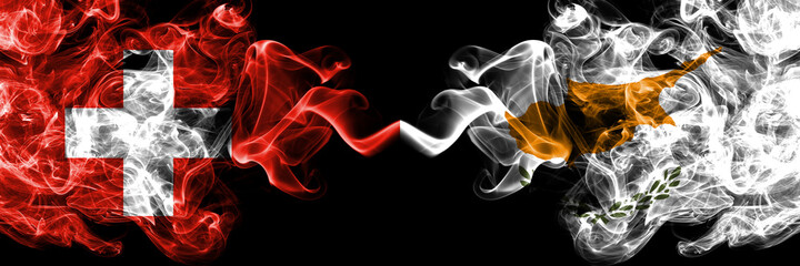 Switzerland, Swiss vs Cyprus, Cypriot smoky mystic flags placed side by side. Thick colored silky abstract smoke flags.