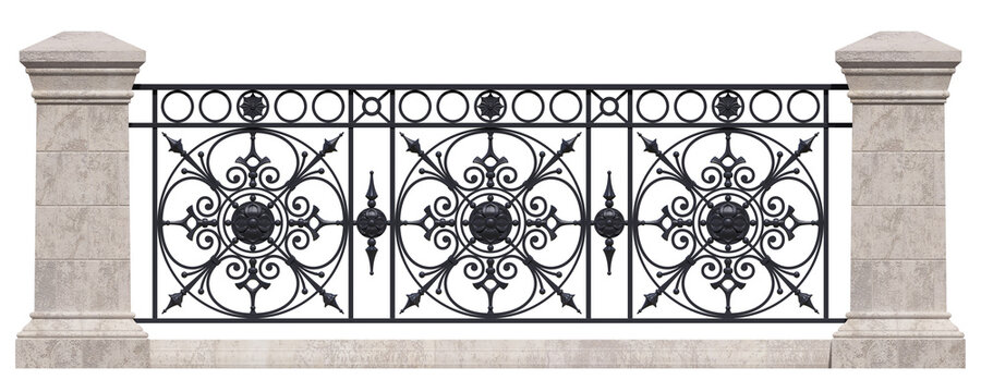3D rendering forged iron railings with artistic decor. Art wrought iron. Stone pillars. Project of handrails. 3D render luxury architecture. Vintage. Balcony. Terrace. Black metal. Isolated on white.