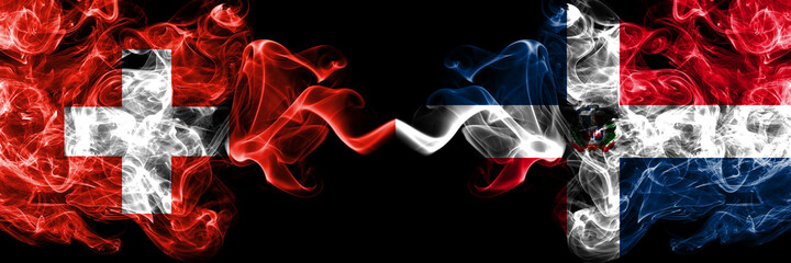 Switzerland, Swiss vs Dominican Republic smoky mystic flags placed side by side. Thick colored silky abstract smoke flags.