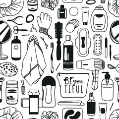 Hand drawn seamless pattern with cosmetics. Vector illustration. Actual background with beauty products. Original doodle style drawing Bath Things. Creative ink art work