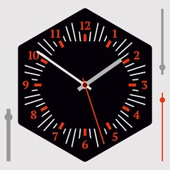 Hexagonal watch dial on black background. Hour, minute and second hands, numerals. Vector illustration