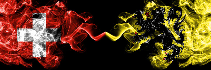Switzerland, Swiss vs Flanders, Flemish smoky mystic flags placed side by side. Thick colored silky abstract smoke flags.