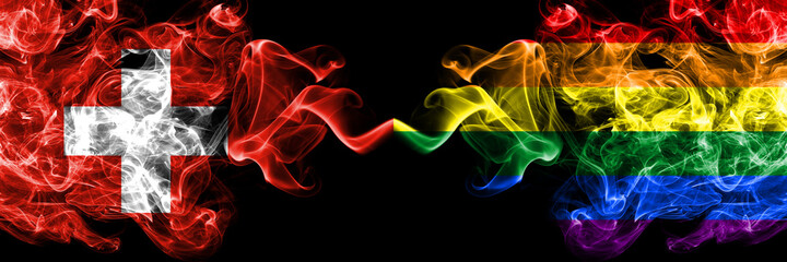 Switzerland, Swiss vs Gay, Pride smoky mystic flags placed side by side. Thick colored silky abstract smoke flags.