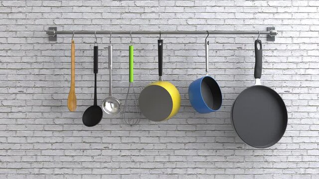3d rendering kitchen rack with utensils on white wall 4k footage