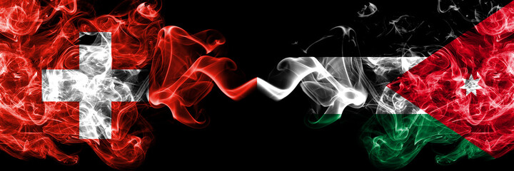 Switzerland, Swiss vs Jordan, Jordanian smoky mystic flags placed side by side. Thick colored silky abstract smoke flags.