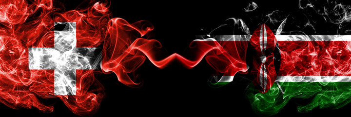 Switzerland, Swiss vs Kenya, Kenyan smoky mystic flags placed side by side. Thick colored silky abstract smoke flags.
