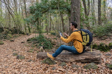 Man using smart phone sitting with backpack on a tree in forest.Travel concept, walk, excursionist, hiker outdoor lifestyle.Copy space .