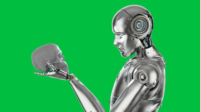 robot starring at human skull