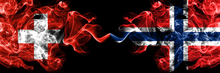 Switzerland, Swiss vs Norway, Norwegian smoky mystic flags placed side by side. Thick colored silky abstract smoke flags.