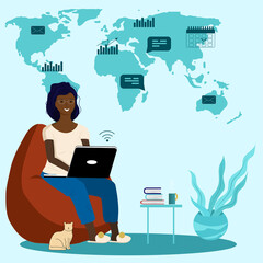 Black girl, woman working in a chair at a laptop, computer Home office, freelance work anywhere around the world. Vector illustration